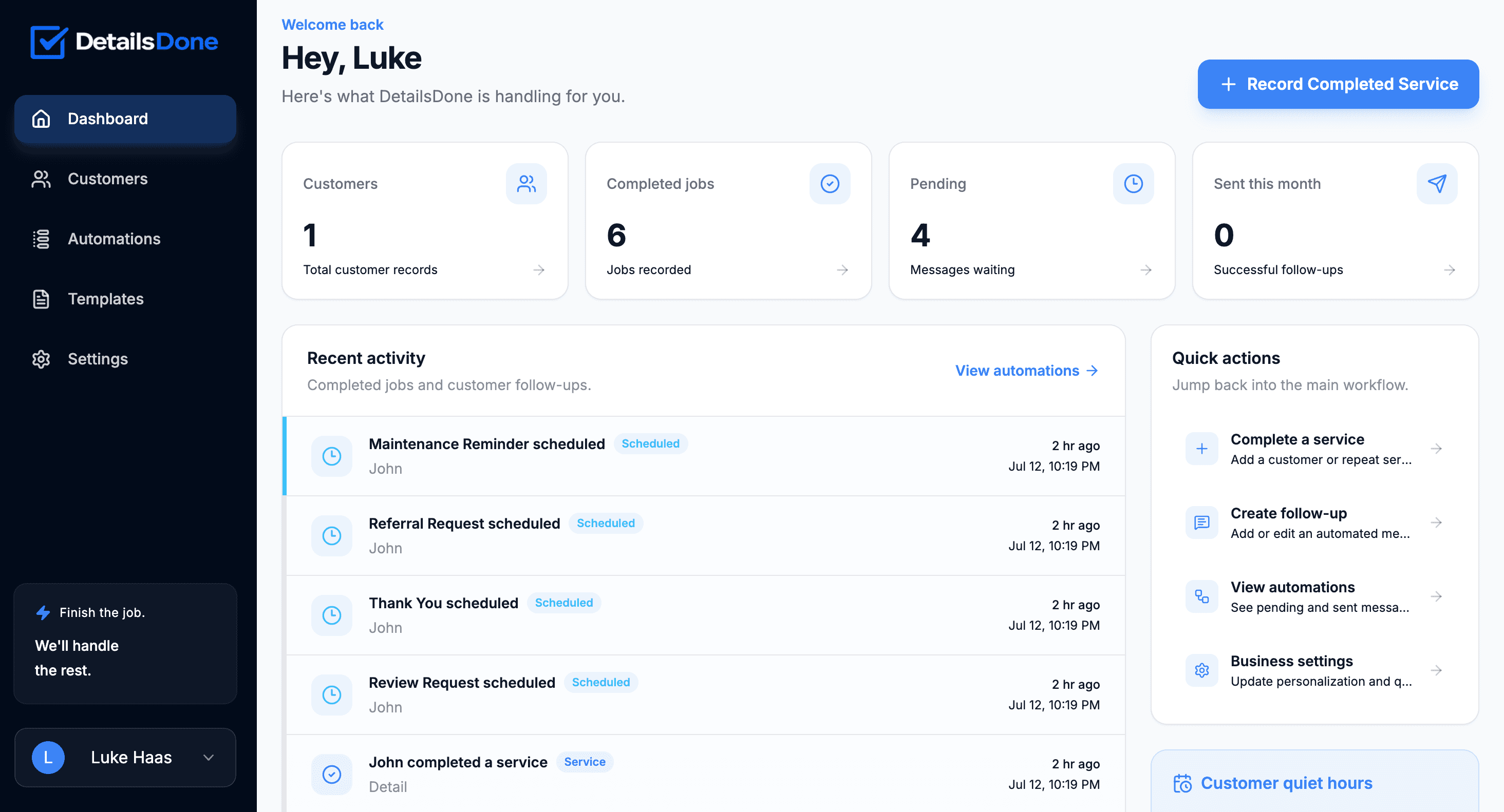 DetailsDone dashboard showing customer follow-up activity